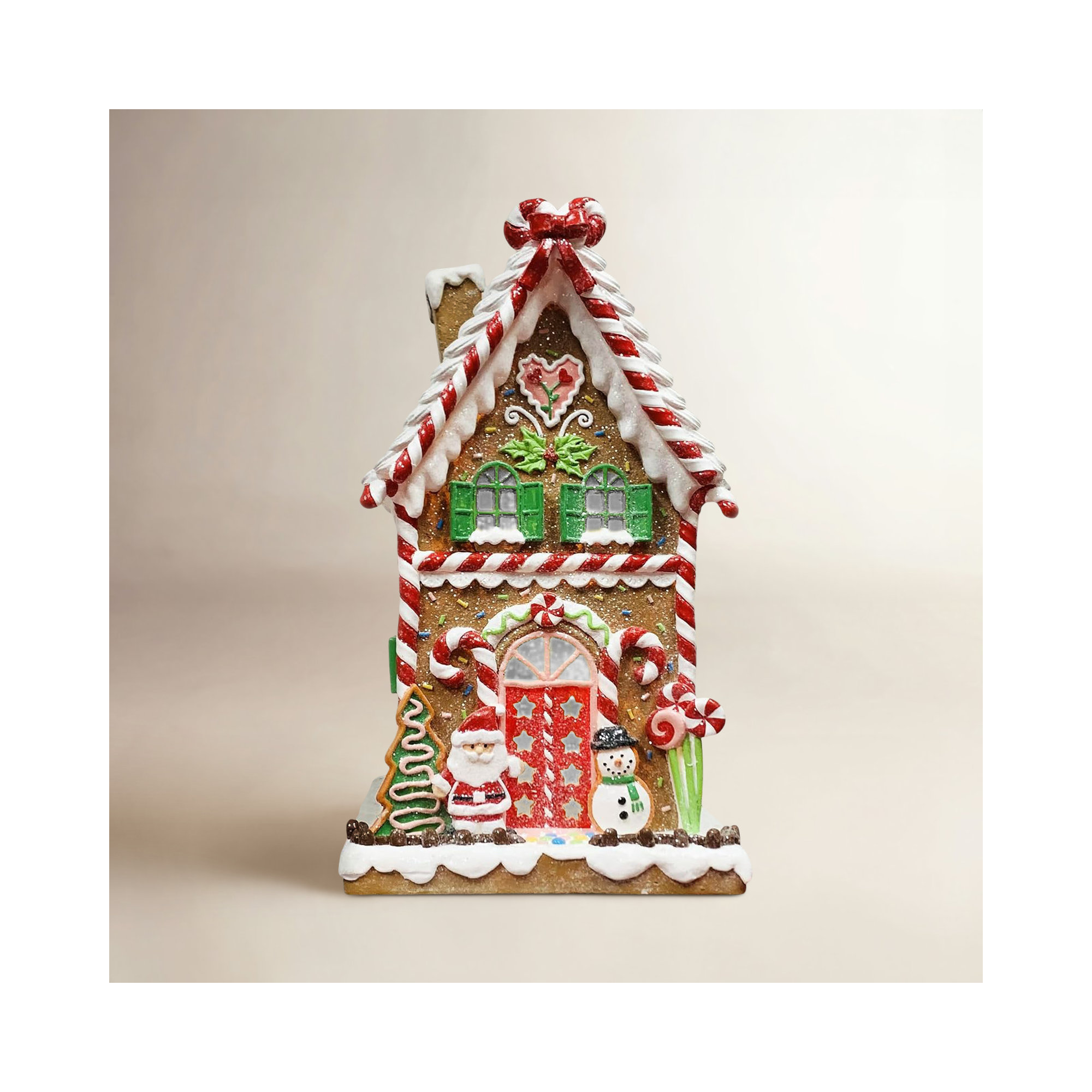 16.54”H Gingerbread Village House - LED Lights, 8 Carols Music, Battery - Hand-Painted Resin