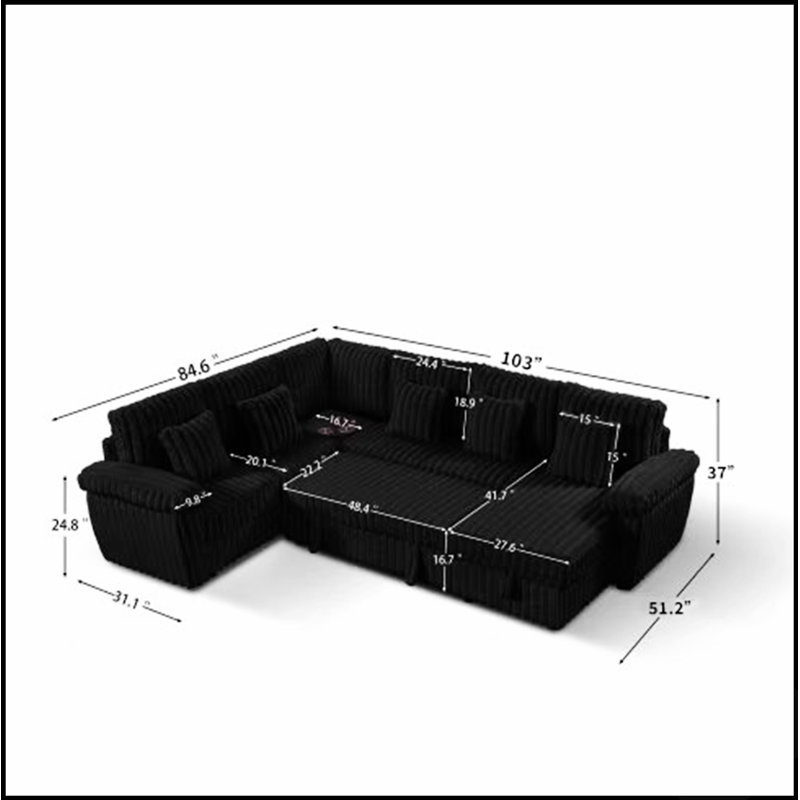 Canapé d'angle en velours côtelé ultra doux en forme de U de 103 pouces avec rangement et lit gigogne, table basse d'angle avec porte-gobelet et port USB