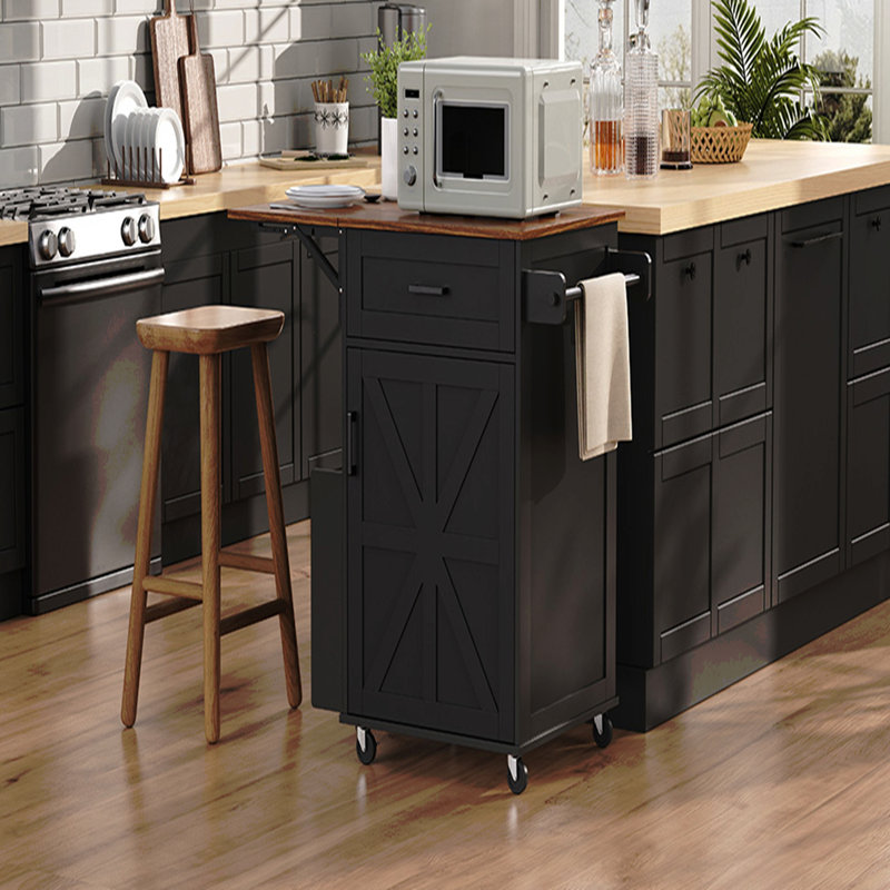 39.3" Farmhouse Kitchen Island with Drop Leaf, Kitchen Storage Island with Open Side Rack, One Drawer, Towel Rack, Rolling Kitchen Cart with Lockable Wheels for Lawn Garden
