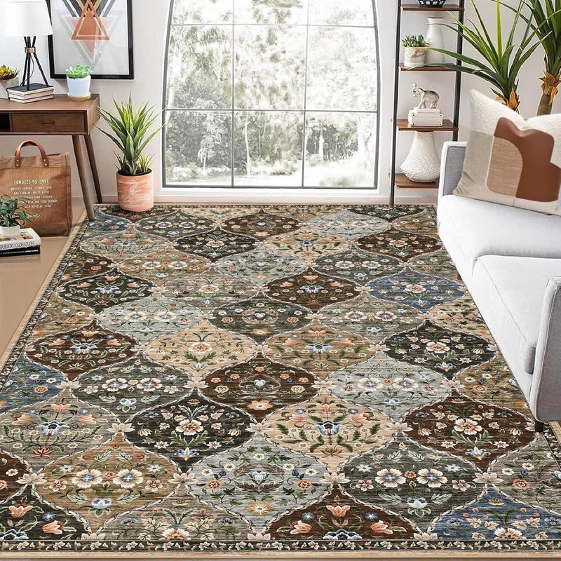 Washable Vintage Runner Rug, Non-Slip, Low Pile, Stain-Resistant, Boho Throw Carpet for Kitchen, Hallway, Living Room, Bedroom, Red/Brown.