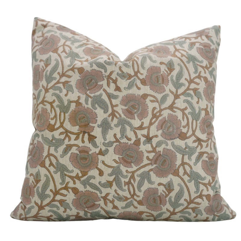 Coussin à motif de fleurs fabriqué à la main Fabividine, Brun / imprimé pêche / floral, Rectangulaire H 20 po x l 14 po