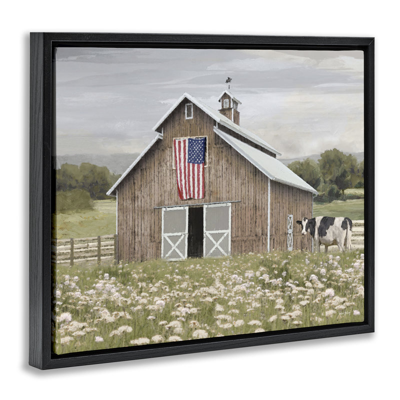 Art mural sur toile flottante Patriotic Barn & Cow par Amber Sterling, H 17 po x l 21 po, Cadre flottant noir de jais
