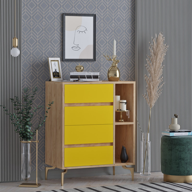Commode décorative 4 tiroirs, Chêne / jaune