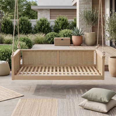 Lit balançoire simple en bois d'acacia massif pour la cour arrière, salon suspendu en rotin avec cordes