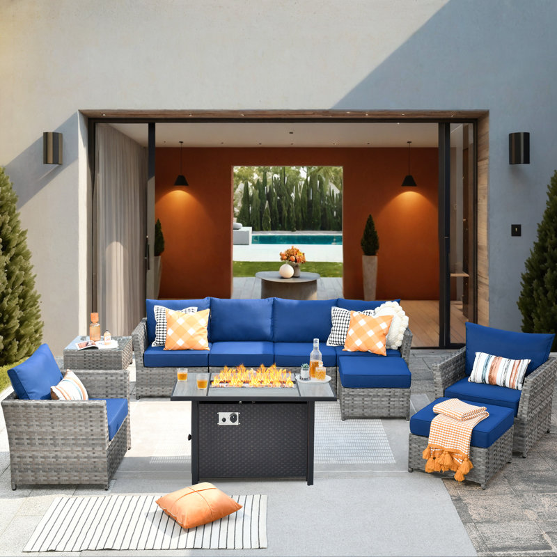 Ignatz 10 - Piece Patio Furniture Set With Cushions, Navy Blue