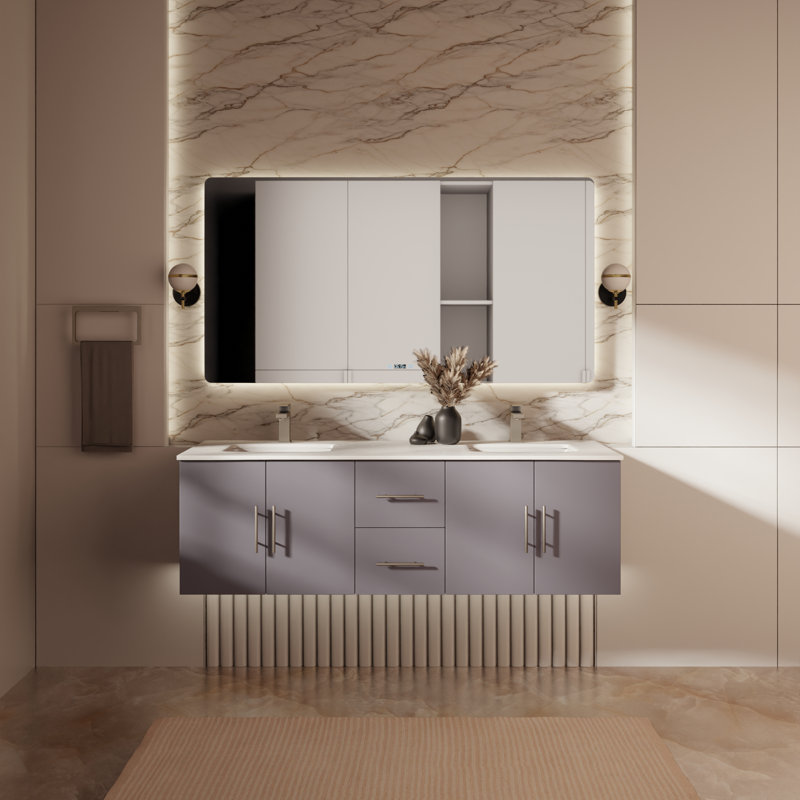 Ensemble de meuble-lavabo double mural 60 "Geneva, Gris foncé, Marbre de culture blanc