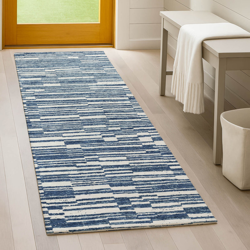 Machine Washable Indoor/Outdoor Chantille ACN2907 Striped Rug, 2'3" x 7'6" Runner, Navy