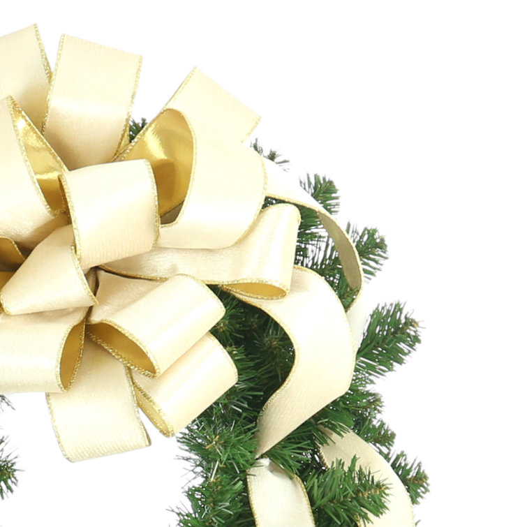 Jeyli Holiday Ribbon Evergreen Wreath The Holiday Aisle Wreath Color: Green/Gold, Size: 22 H x 22 W x 9 D