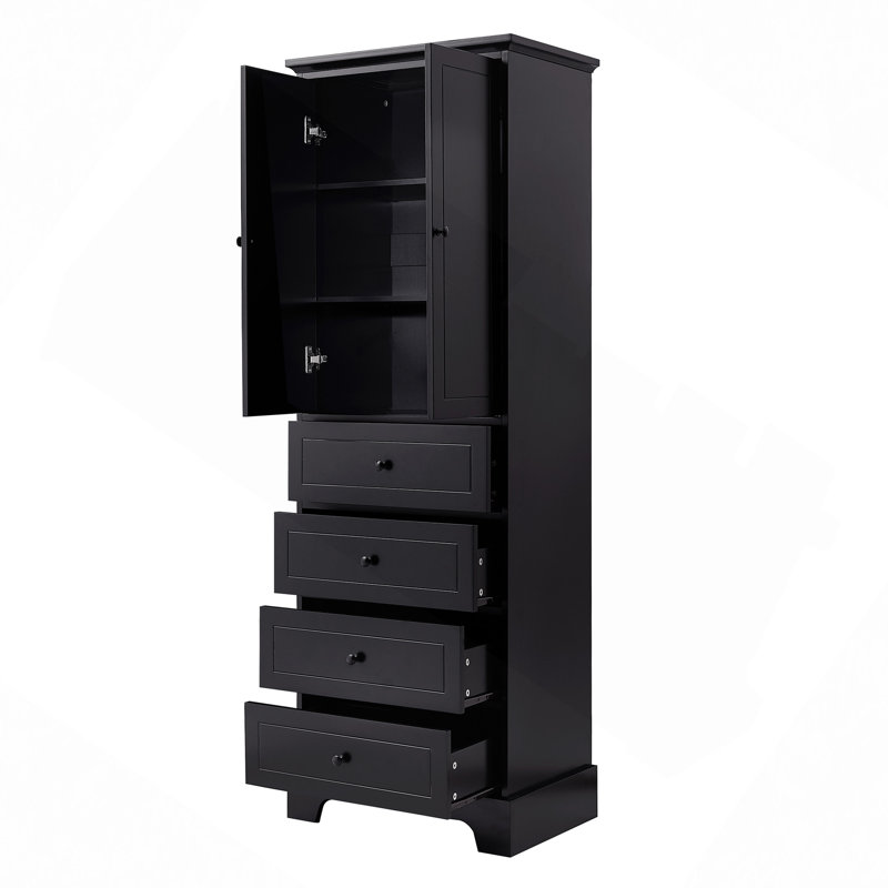 Armoire de salle de bain, armoire de rangement avec 2 portes et 4 tiroirs pour salle de bain, bureau, tablette réglable, panneau de fibres à densité moyenne avec finition peinte