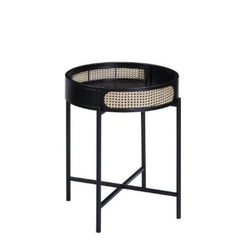 Black Metal Round End Table with Rattan Insert