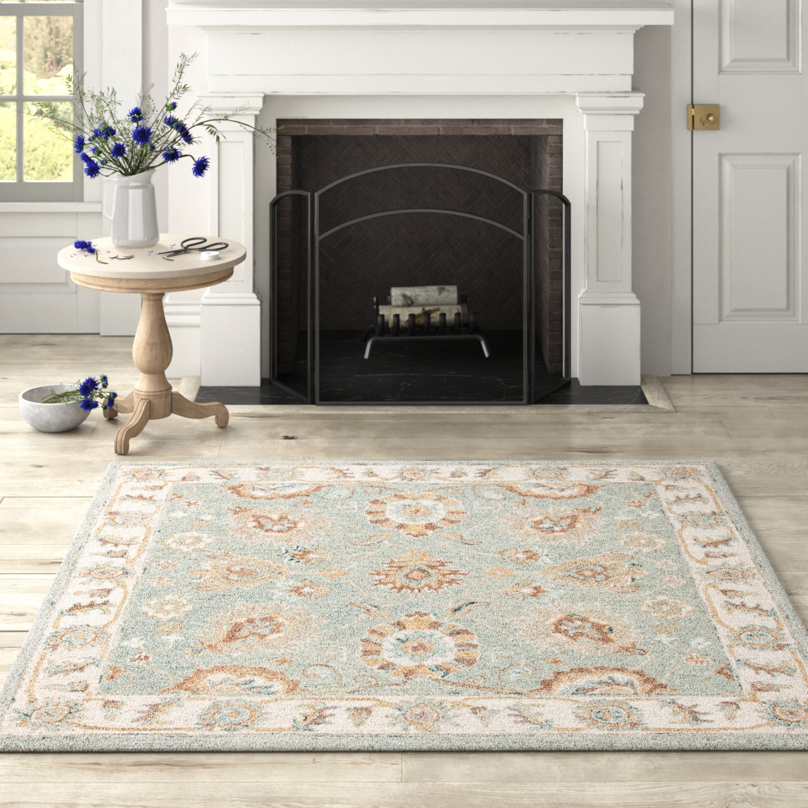 Desmondia Aqua Ivory Hand-Woven Wool Rug, Square 4'