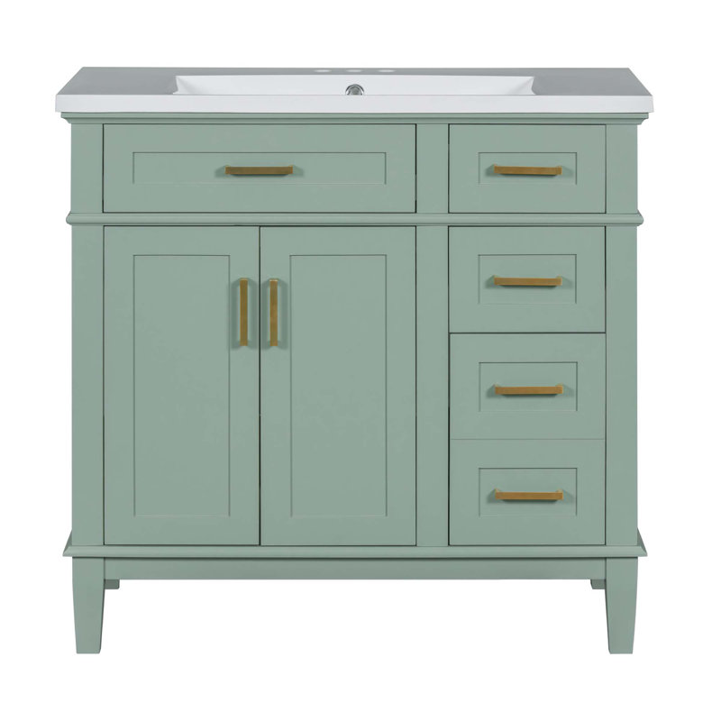 Meuble-lavabo de 36 po avec lavabo en résine, armoire de salle de bain moderne avec deux portes à fermeture douce et quatre tiroirs