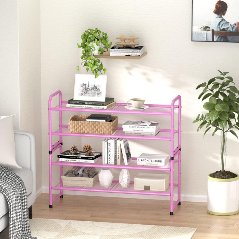 32'' Wide 2-Tier Wire Grid Shoe Rack for Closet, Stackable and Adjustable Shoe Shelf, Pink