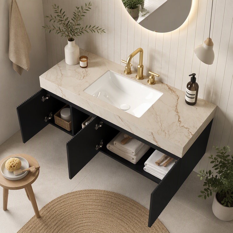 Meuble-lavabo flottant mural 48 po avec lavabo, 48 po, noir pour rangement de salle de bain, Noir, Trou simple, Beige+Gold