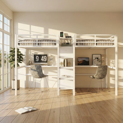 Bonwell 78" W x 99.4" D x 66" H Twin Over Twin Metal Loft Bed with Built-in Wardrobe and Double Desk