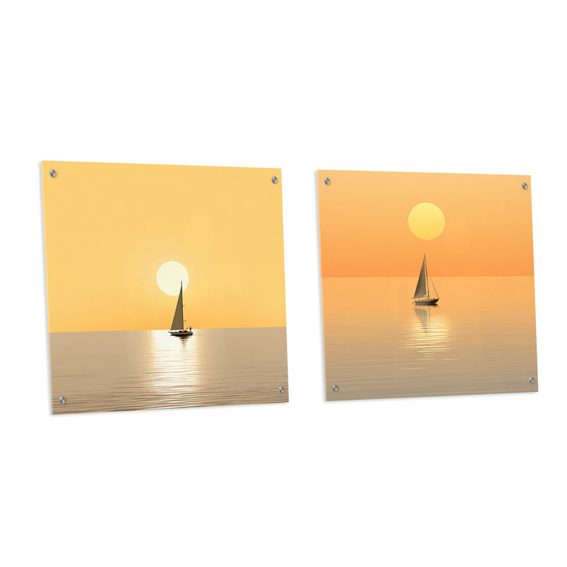 Photo de voilier jaune côtier calme - ensemble d'art mural en verre acrylique côtier de 2, H 36 po x l 73 po