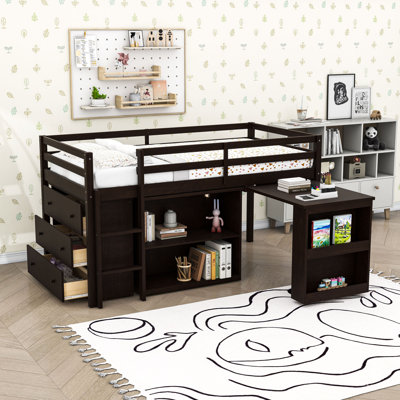 Loft Bed with Pull-Out Desk, Drawer and Storage Shelves