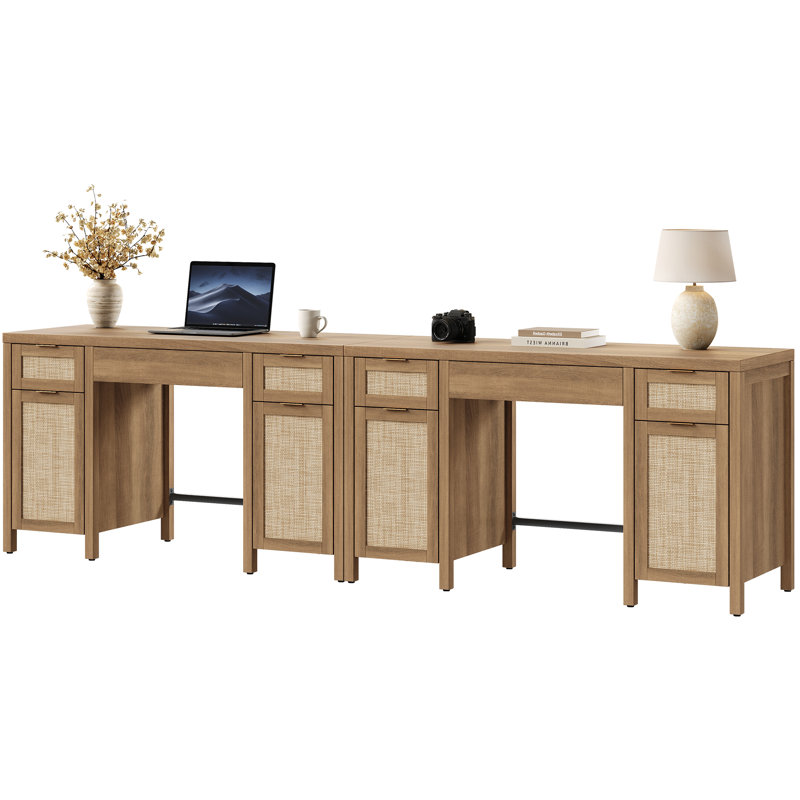 Bureau de rangement Boho Rattan 3 tiroirs avec 2 armoires et tablettes réglables, Chêne caramel, 2