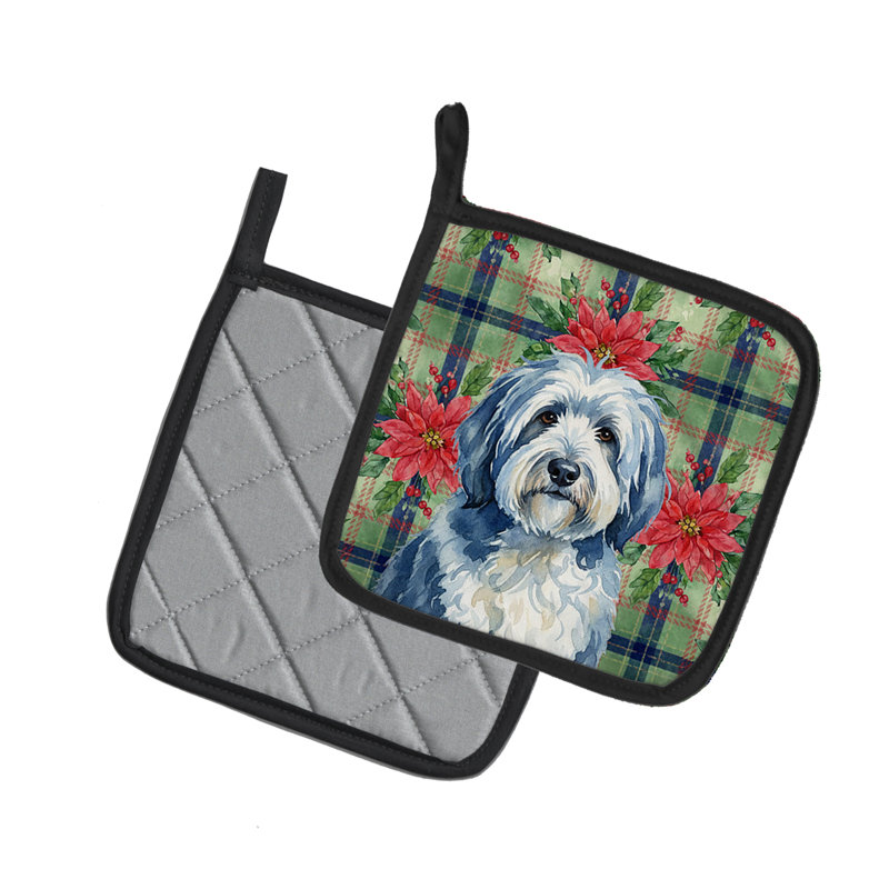 Paire de supports à casseroles bleu et blanc Old English Sheepdog Christmas Poinsettas, Bleu / blanc