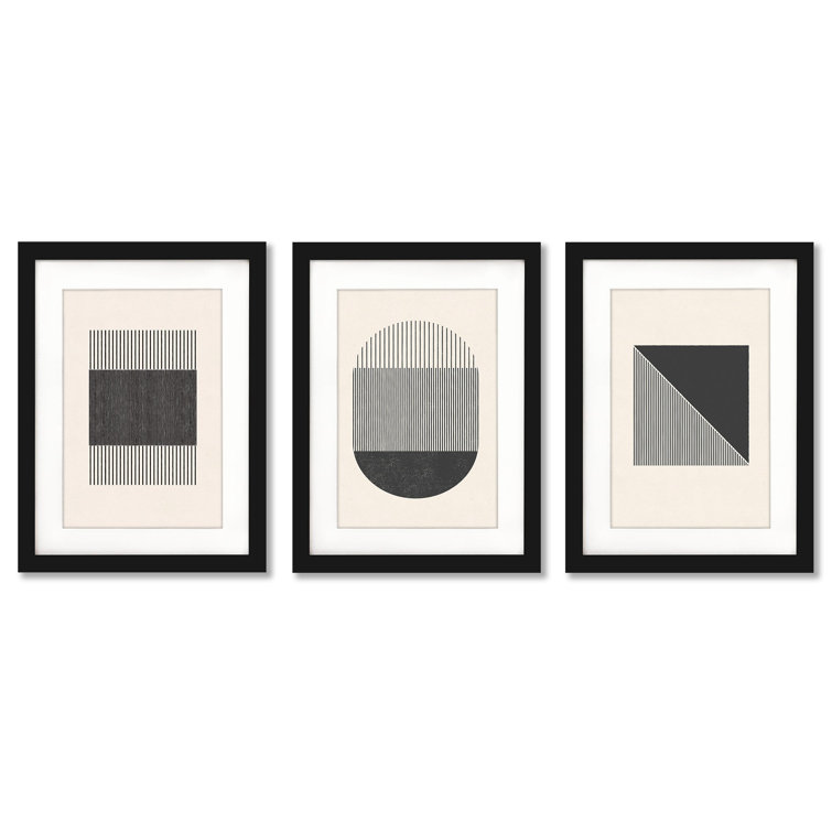 Ivy Bronx Woodblock Shapes And Line Framed On Wood 3 Pieces Print | Wayfair