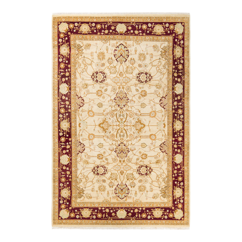 Tapis unique ivoire / marron / brun / turquoise noué à la main Keenan de 6 pi 2 po x 9 pi 5 po