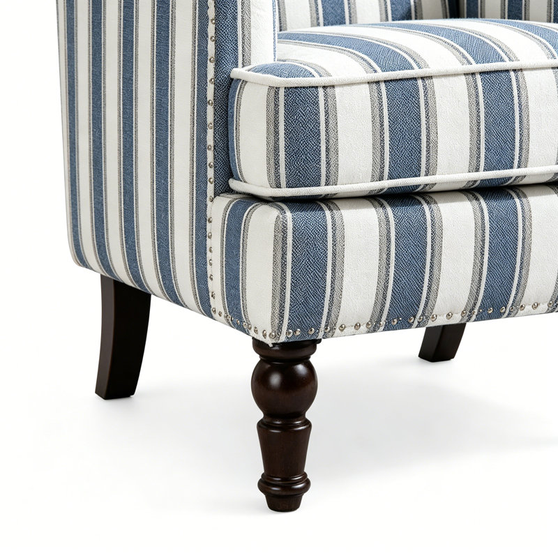 Chaise d'appoint rembourrée, fauteuil vintage avec tissu en lin rayé bleu et blanc et garniture cloutée pour le salon