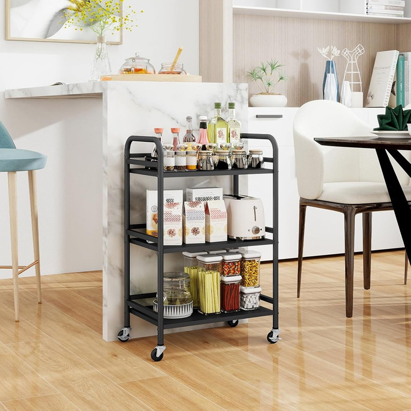 Chariot de rangement roulant à 3 niveaux avec tablettes à cadre en métal, chariot utilitaire multifonctionnel robuste avec roues verrouillables pour la maison, le bureau, la cuisine, la salle de bain ou la chambre à coucher - noir