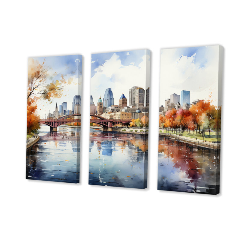«Minneapolis City In Autumn I», reproduction sur toile 3 pièces, H 40 po x l 60 po x P 1 po