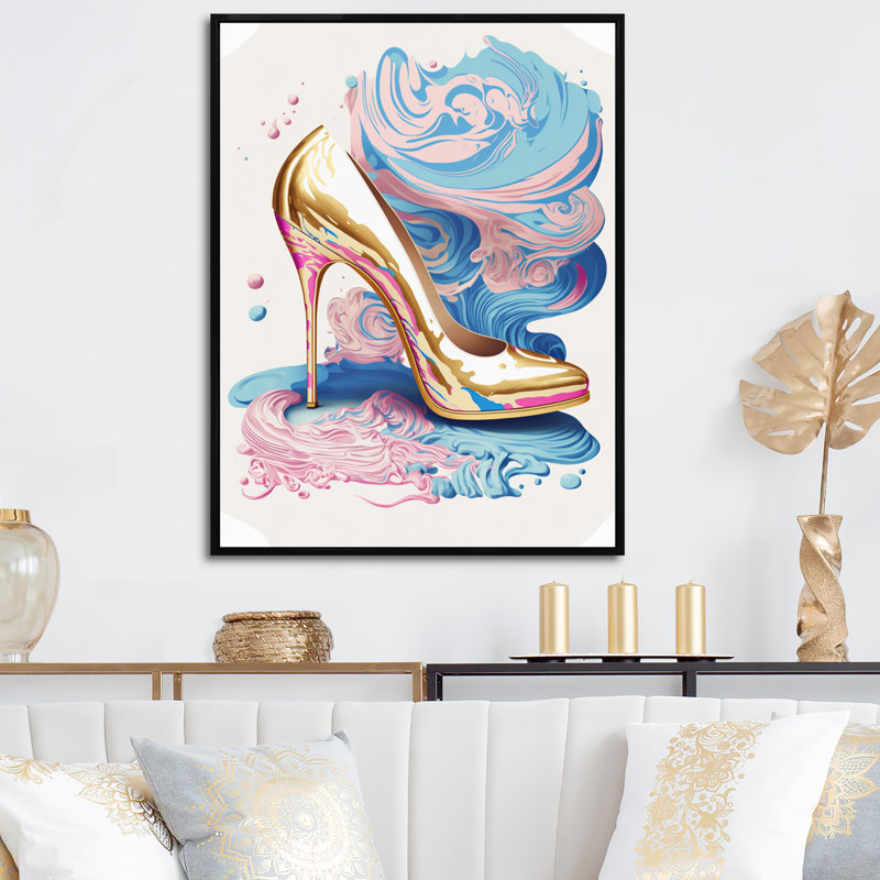 Art déco rose et bleu, chaussures à talons hauts V - Impression sur toile, H 40 po x l 30 po x P 1,5 po