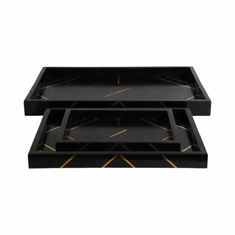 Terrera Serving Tray Set Resin/Wood/Metal Geometric Gold Detailing 24" Wide Black/Gold Finish Home/Office Use Set of 3