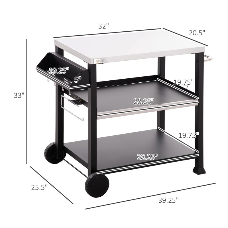 Chariot de cuisine d'extérieur à 3 tablettes, table en acier inoxydable, tablette L 28,25 po x l 19,75 po, plateau mobile noir, 32 po x 20,5 po, avec porte-poubelle