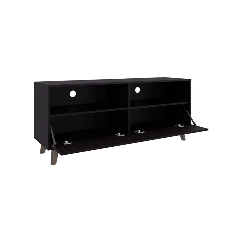 Meuble télé Patrick avec 2 portes et tablettes de rangement ouvertes, centre de divertissement moderne, noir