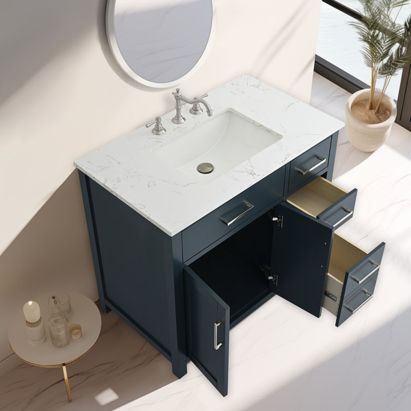 Tremolo 36" Single Bathroom Vanity With Engineered Marble Top, Vintage Blue 