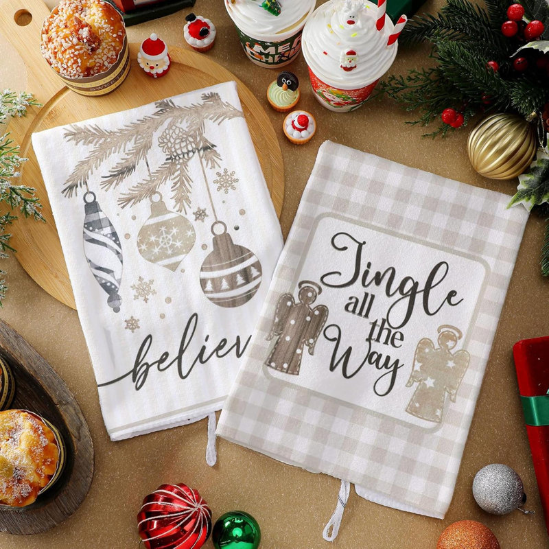 6 Pcs Christmas Kitchen Towels Absorbent Xmas Dish Towels Christmas Tea Towel Decorative Wood Plaid Angel Hand Towels For Home Bathroom Holiday Housewarming Gift