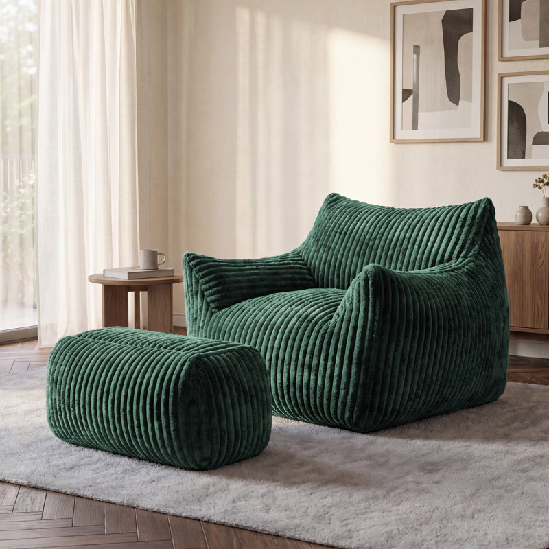 Corduroy Upholstered Accent Chair with Footstool, Green