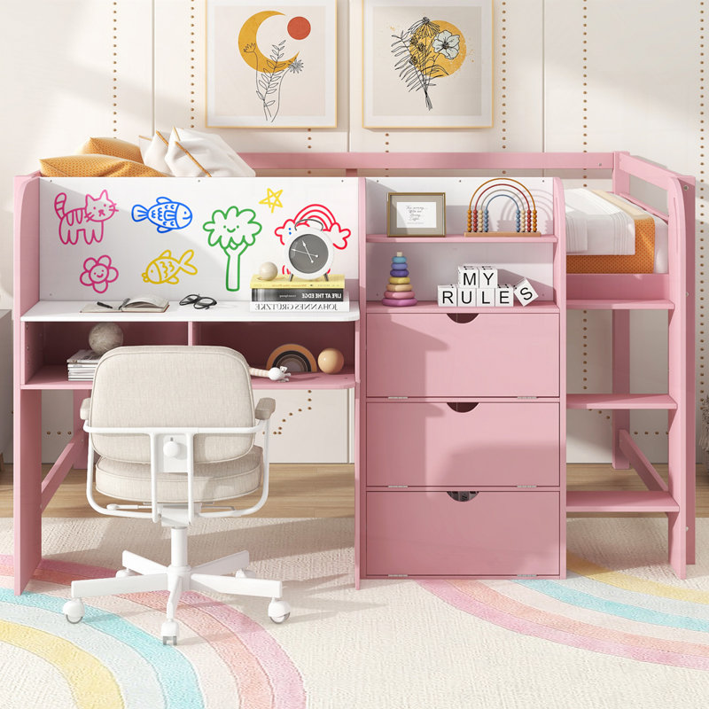 Bed with Built-in Desk,Storage Cabinets and Open Bookcase, Pink