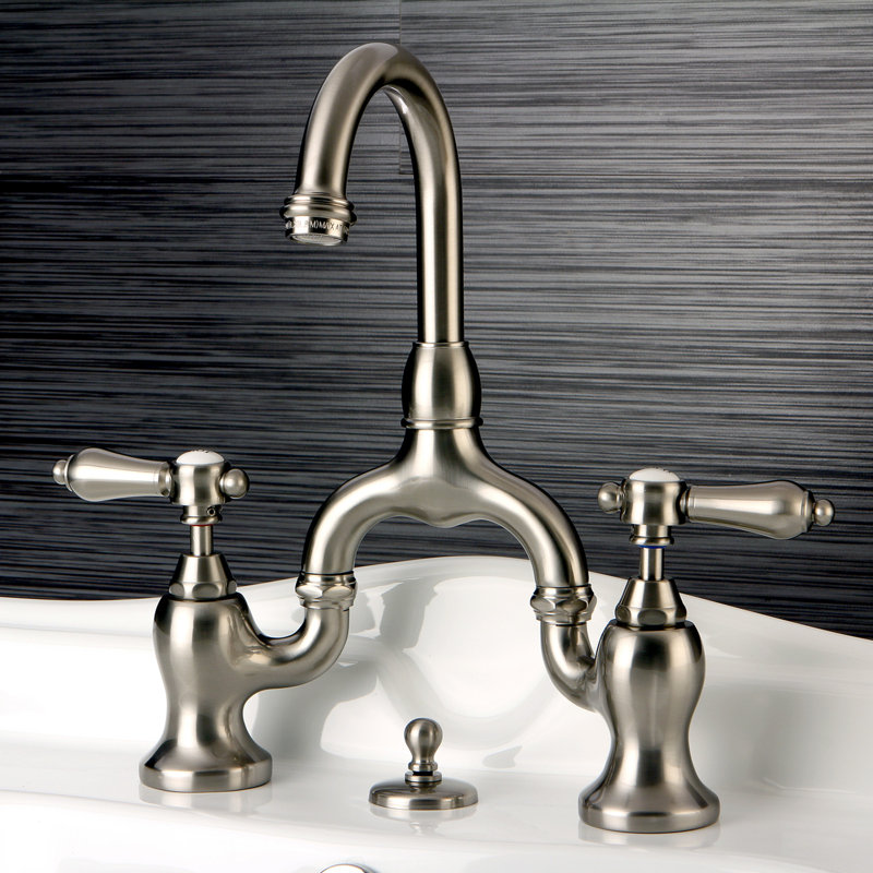 Kingston Brass Heirloom Two-Handle 3-Hole Deck Mount Bridge Bathroom Faucet with Brass Pop-Up, Brushed Nickel
