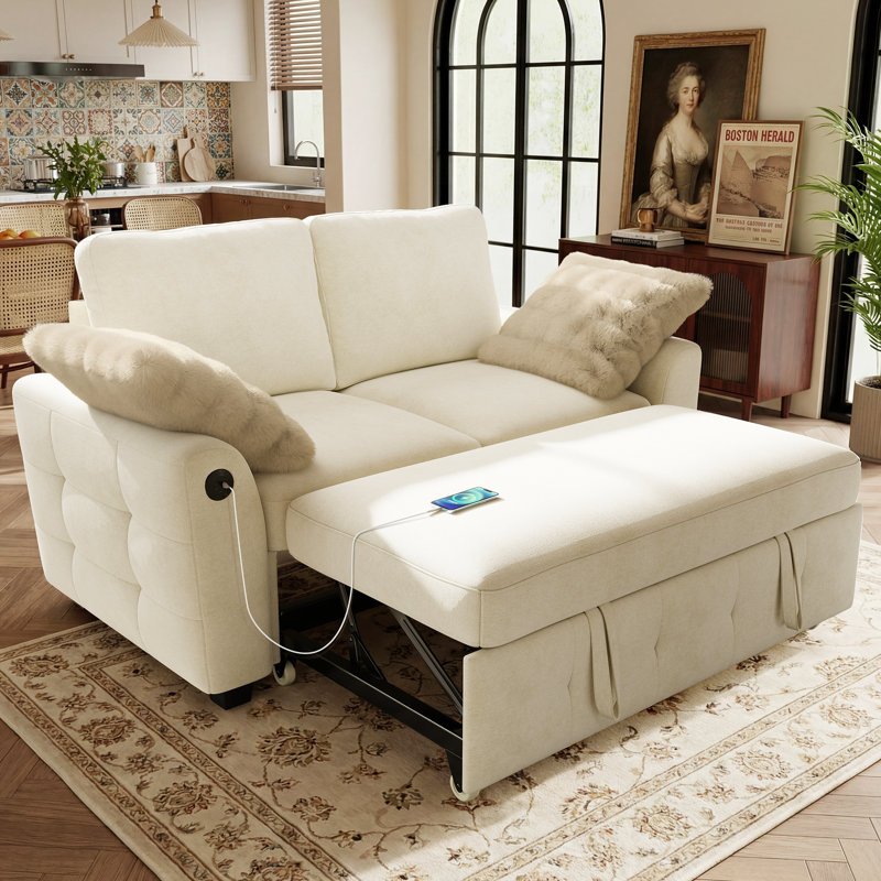 Canapé-lit en chenille 59 po avec lit escamotable et chargement USB Macleod, BEIGE