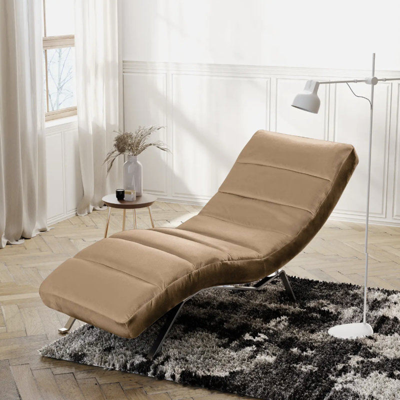 Rye Upholstered Velvet Fabric Chaise Lounge with Adjustable Backrest, Beige, Silver