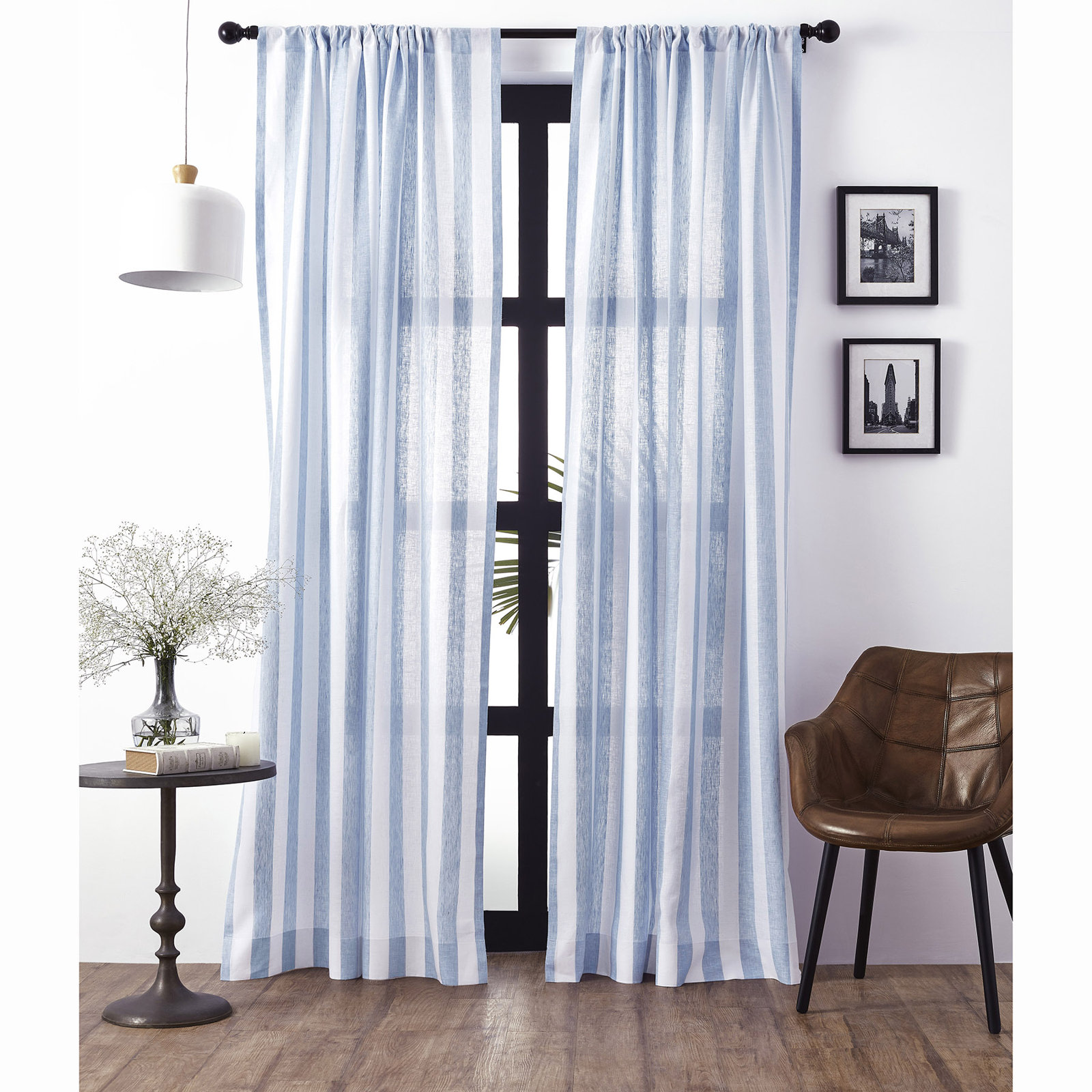 Striped Pure Linen Semi-Sheer Curtain Panel, Navy and White, 52" W x 84" L