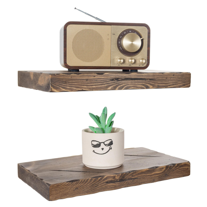 Solid Wood Floating Shelves，Rustic Wooden Wall Shelves, Distressed Walnut, 1.25" H x 12" W x 6.7" D