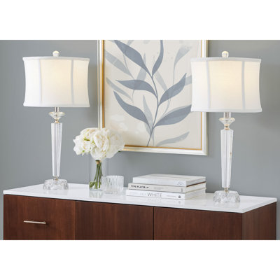 Diamond Torch 25.75" Contemporary Crystal Table Lamp in Clear K9 Crystal with Off-White Linen Shade and Polished Nickel Accents from Grandview Gallery  - Set of 2