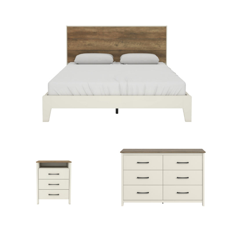 Allysyn Modern 3 Piece Bedroom Set, Ivory/Knotty Oak