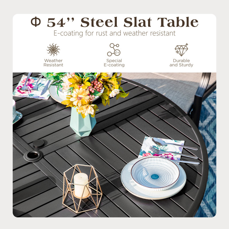 4-Person Steel Patio Dining Set With Textilene Sling Swivel Chairs And Cushions