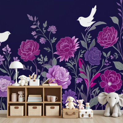 Peel and Stick Wallpaper Vibrant Floral Birds Purple Pink Tones Wall Murals 69"H x 96"W Removable PVC Wall Paper Self-Adhesive Wall Decor for Bedroom Living Room Home Office