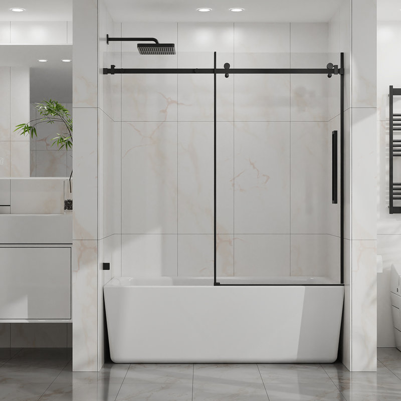 60" W X 58" H Bathtub Door, Frameless Tub Sliding Shower Door, 1/4" (6Mm) Thick Tempered Clear Glass With Easy-Clean Coating, Stainless Steel Hardware, Matte Black