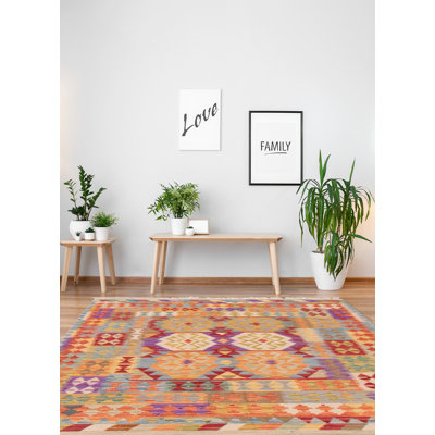 Tapis mauve / orange / rouge en laine tissé à plat à la main Ardisj