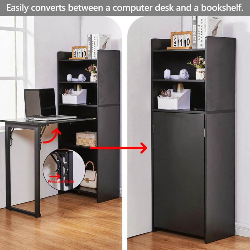 Folding Desk Computer Desk to Bookshelf with Built-in Power Outlet, Anti-Tip Design, Easy-Fold Button, Reinforced Leg Stability, Space-Saving for Home Office Dorm Bedroom Study Room, Black