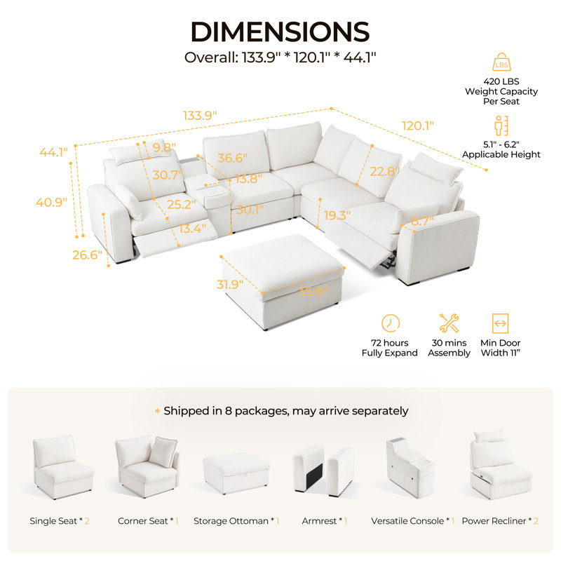 5 Seater Chenille Oversized Modular Sectional Sofa With Double Power Recliner Cloud Reclining Couch With Headrest Storage Drawer Charging Cup Holders Deep L-shaped With Corner And Ottoman