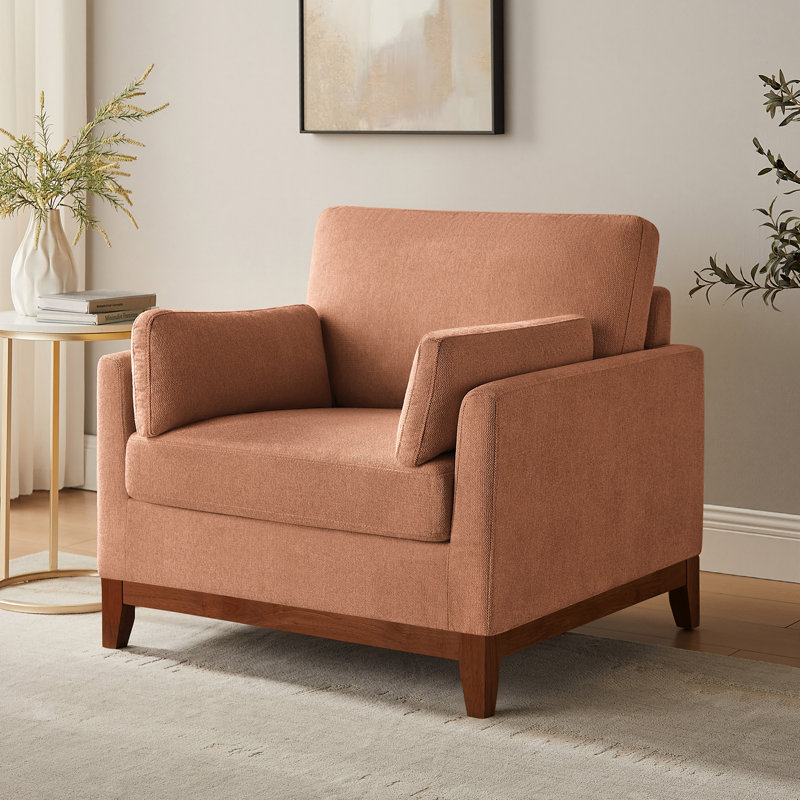 Chenille Accent Chair With Solid Rubberwood Legs, Rustic Orange
